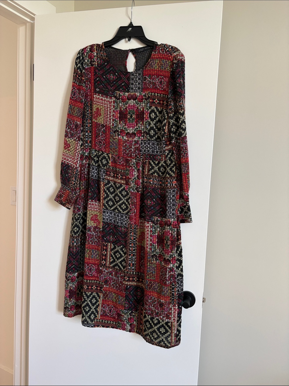 Patchwork Print Long-Sleeve Midi Dress in Red